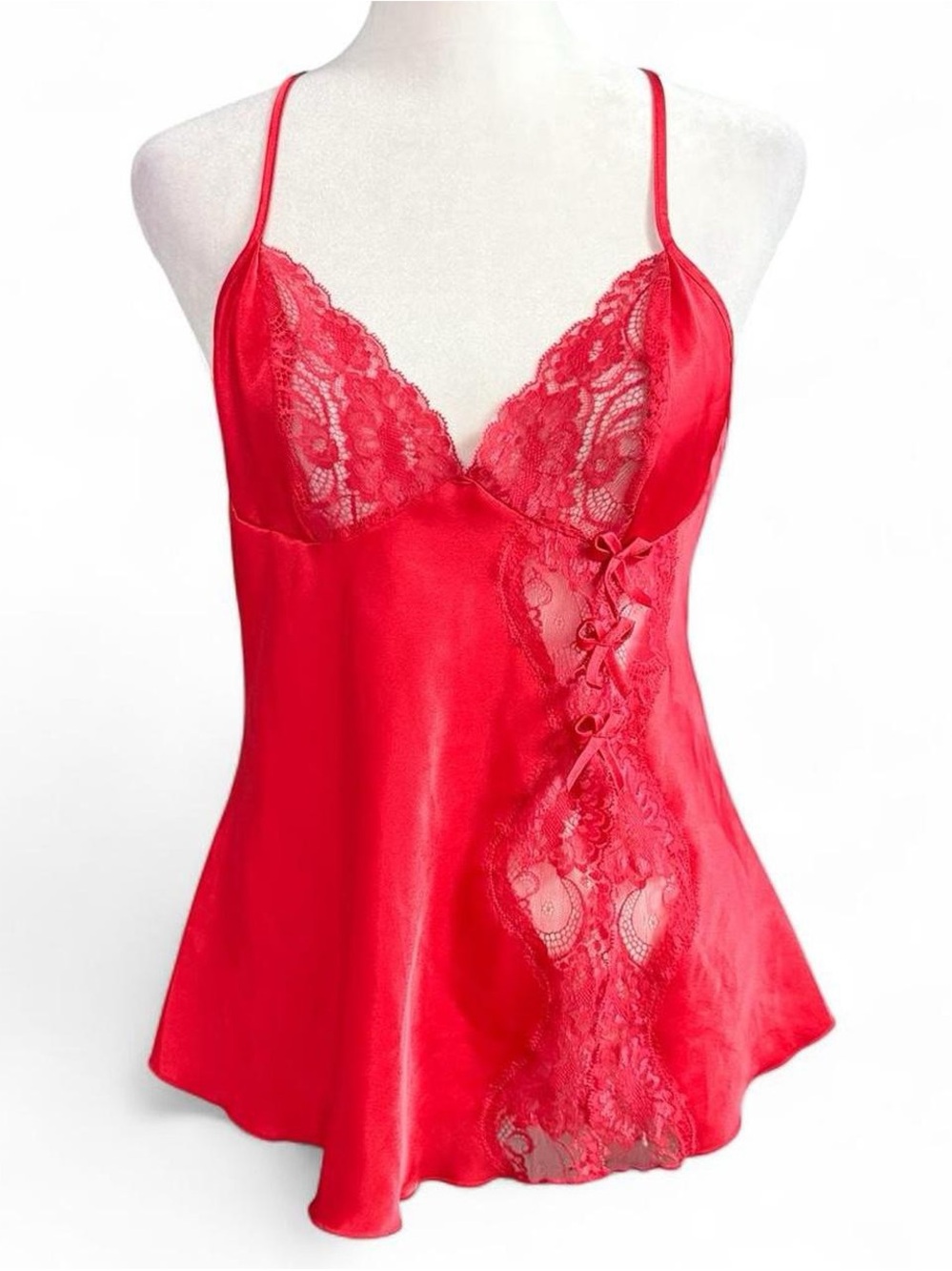 Vintage 90s Shirley of Hollywood Red Satin Lace Cami Top Small